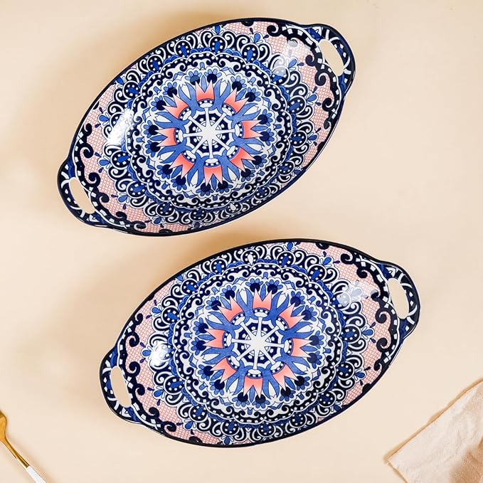 Nestasia Set of 2 Blue Mandala Design Ceramic Serving Platter with Handles for Snacks, Appetizers, Salads, and Noodles | Microwave Safe, Dishwasher Safe (10.8 Inch)